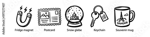 Hand-drawn doodle icon set of travel souvenirs featuring a fridge magnet, postcard, snow globe, keychain, and mug. Black and white vector illustrations for vacation memories and gift shops.