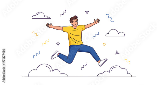 Joyful man jumping through the air with arms wide open among white clouds and colorful confetti celebrating a great success.