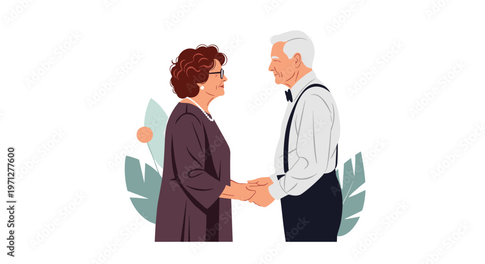 Obraz premium Loving elderly couple holding hands and sharing a tender moment together against a simple background with soft green leaves.