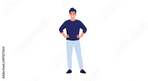 Cheerful young man standing with his hands on his hips and a bright smile against a clean white background with a shadow.