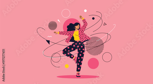 Creative woman dancing with energy among abstract circles and lines on a bright pink background expressing artistic freedom.