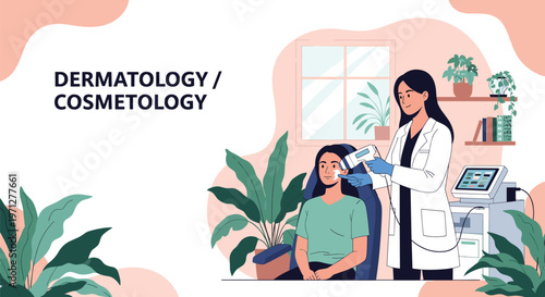 Professional dermatological treatment showing a specialist using a device on a woman's face in a modern medical clinic setting.