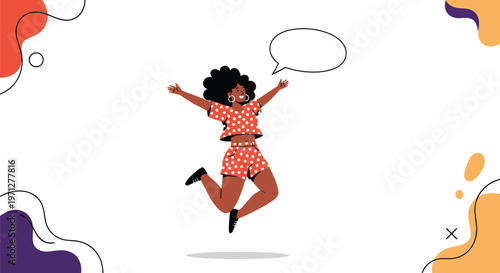 Joyful woman in a polka dot outfit jumping with excitement and a speech bubble against a background with abstract blobs.