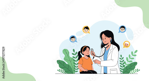 Female doctor checking a young girl with a stethoscope surrounded by icons of smiling children and leafy green plants.