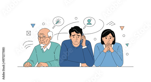 Diverse group of people expressing feelings of sadness and anxiety while sitting together in a row at the table.