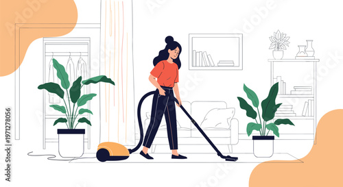 Young woman cleaning her cozy home interior using a vacuum cleaner with green plants and shelves in the background.