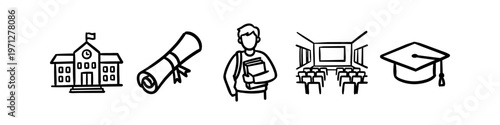 Set of hand-drawn education icons including a school building, diploma, student, classroom, and graduation cap. Minimalist black outline doodle style on a white background.