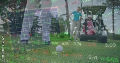Animation of statistics and data processing over legs of male golf player with golf club and ball