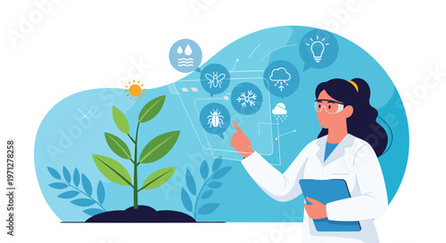 Female scientist in a white coat studying plant growth and pests using modern digital technology and various icons.