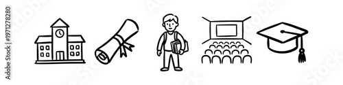 Hand-drawn education icon set in doodle style featuring a school, diploma, student, lecture hall, and graduation cap. Minimalist black line art for academic and learning projects.