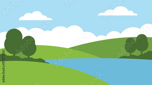 a serene landscape with a river and trees.