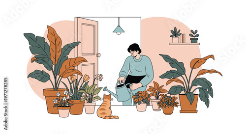 Person tending to their home garden by watering various indoor plants in pots with a cute ginger cat watching.