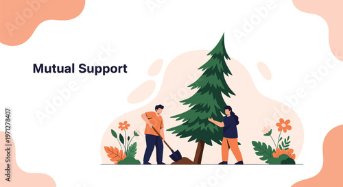 Man and woman working together to plant a small pine tree in a park as a sign of mutual support and ecology values.