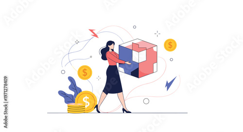 Professional woman carrying a large colorful puzzle piece as a metaphor for solving business and financial problems.