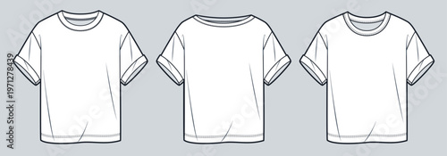 Unisex T Shirt Set Fashion Flat Technical Drawing Template Featuring Crew Neck Boat Neck and Rib Neck Variations Front Views
