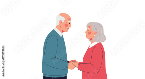 Senior man and woman holding hands and looking at each other with love and care on a simple plain white background.
