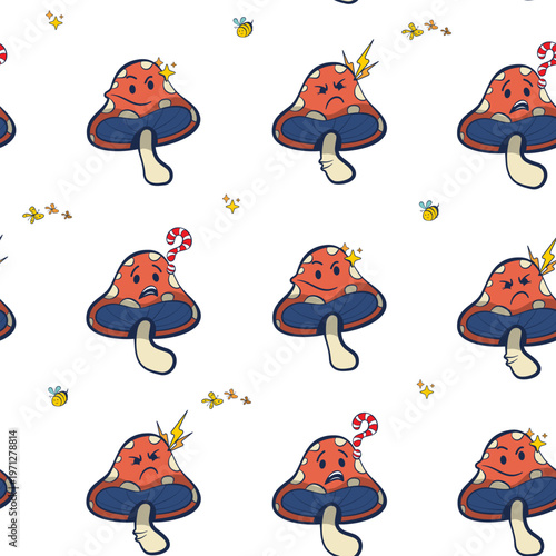 Retro Groovy Mushroom Emotions Seamless Pattern — Scattered Cartoon Characters Background
