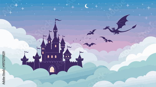 A whimsical castle floating in the clouds with dragons flying by silhouette