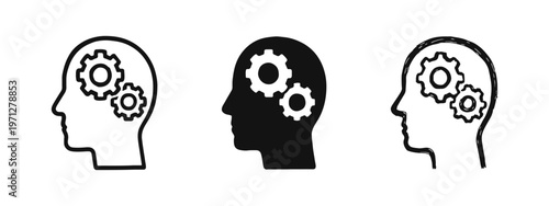 Head with Two Gears Icon Set - Complex Thinking, Advanced Mechanism, and Strategic Mind