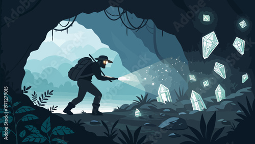 A man explores a cave with crystals and a flashlight silhouette