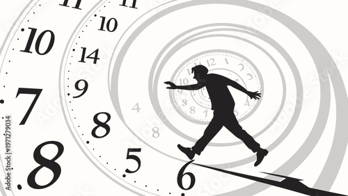 A man in silhouette balancing on a tightrope in front of a clock