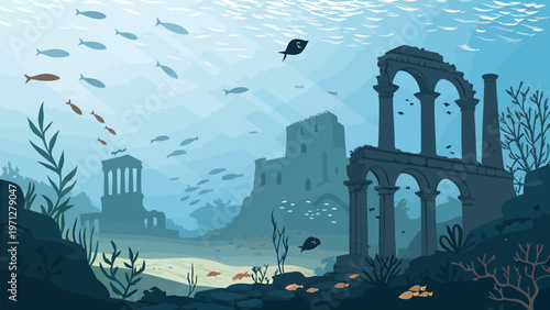 An underwater illustration of ancient ruins and fish swimming in the ocean