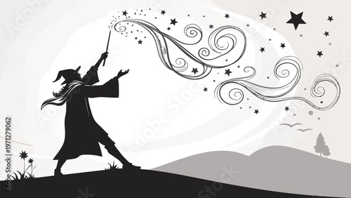 A wizard casting magic spells in a serene landscape silhouette