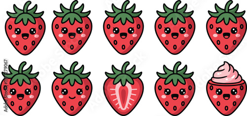 Cute Strawberry Mascot Character Set Featuring Happy Fruit Faces Sliced Berry and Cream Dessert for Healthy Eating Summer Nutrition Sweets and Kawaii Food Concept Illustration in Flat Cartoon Style