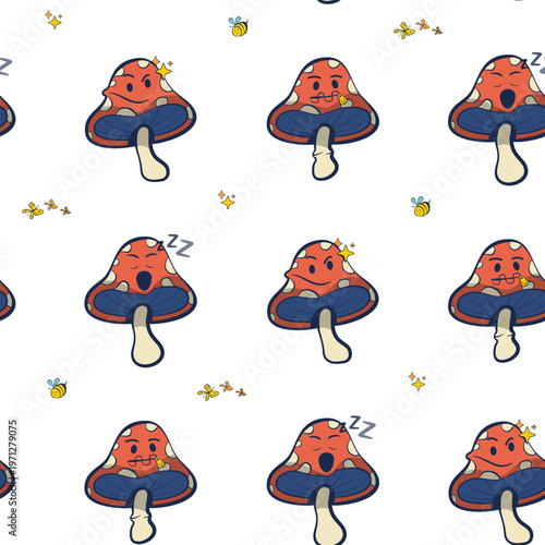 Retro Groovy Mushroom Calm Emotions Seamless Pattern — Scattered Cartoon Background