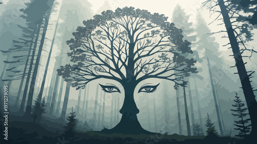 A mystical tree with a face in a foggy forest silhouette