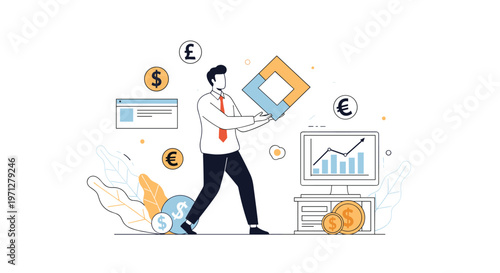 Business professional carrying a puzzle piece to complete a financial chart on a computer screen in the office.