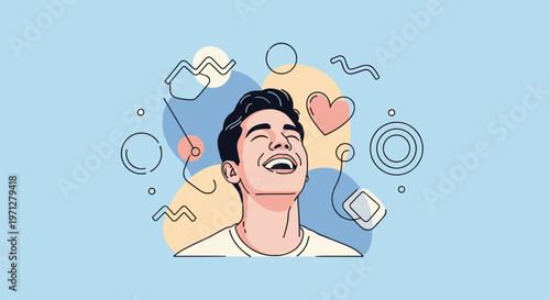 Happy young man laughing out loud with colorful heart and geometric icons representing positive emotions and thoughts.