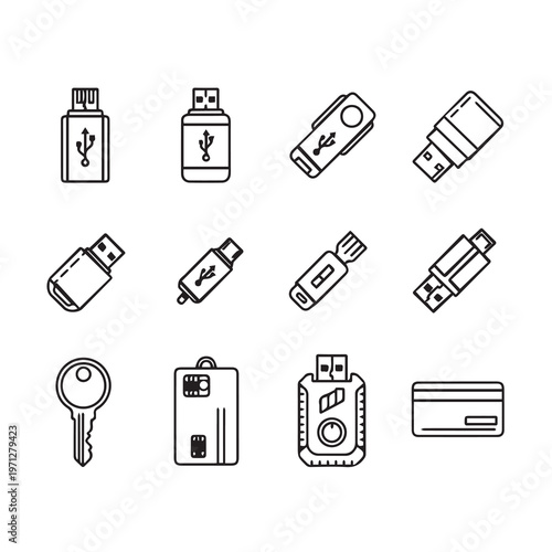 USB Drives and Key Icons: Data Storage Security and Technology Elements Vector Outline Style