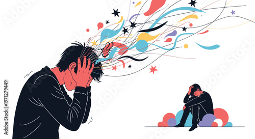 Man suffering from stress and anxiety with colorful messy lines and stars exploding from his head as a metaphor.
