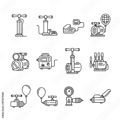 Various Air Pumps and Compressors Collection Icon Set Clean Outline Design Industrial and Automotive Equipment