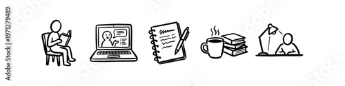 Hand-drawn doodle icons for education and online learning, featuring a student reading, laptop lecture, notebook, coffee with books, and desk study setup on a white background.