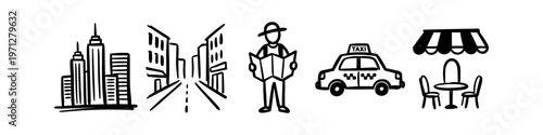 A series of black and white hand-drawn doodles representing city travel, featuring skyscrapers, a street view, a tourist with a map, a taxi, and an outdoor cafe.