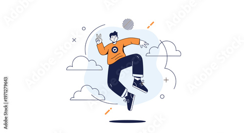 Excited young person with an orange sweater jumping high in the air against a background of clouds and shapes.