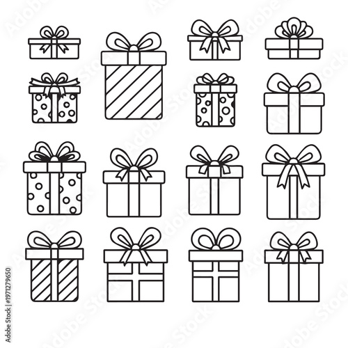 Various Gift Boxes with Ribbons Tied in Bows Line Art Icons Isolated on White Background