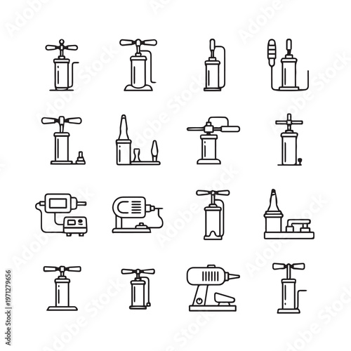 Various Inflator Pumps and Hot Glue Guns Collection Line Art Icons Isolated on White Background