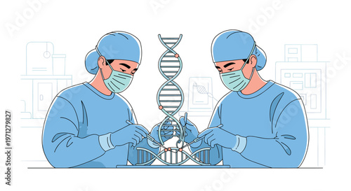 Two scientists in laboratory uniforms working on a DNA model to represent genetic engineering and biotechnology.