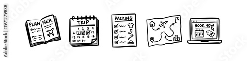 Hand-drawn doodle set of travel planning icons including a planner, trip calendar, packing checklist, map route, and laptop booking interface. Minimalist black ink sketch on white background.