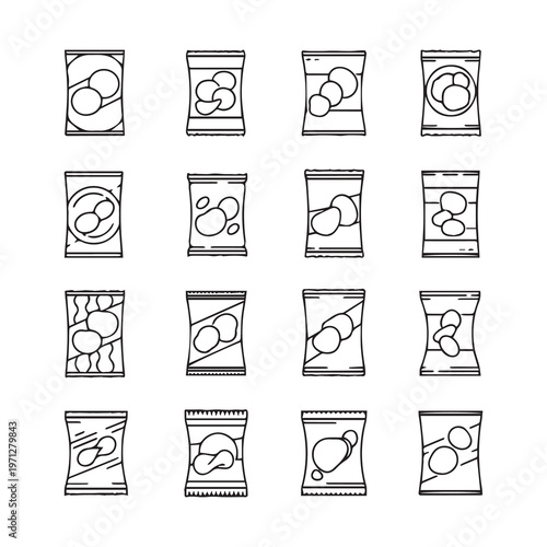 Various Snack Bags with Potato Chips Illustrated Line Art Icons Isolated on White Background
