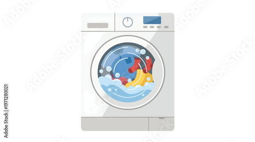 Washing Machine Cleaning Clothes with Water Motion Flat Vector Illustration