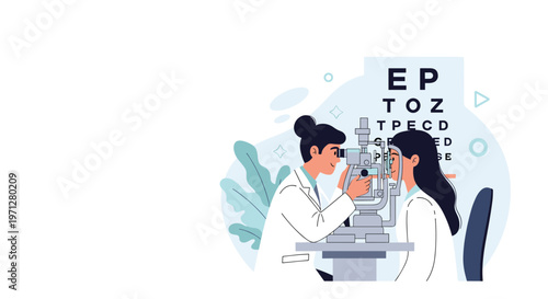 Professional female ophthalmologist using advanced medical equipment to perform a thorough eye examination on a young patient in a modern clinical office.