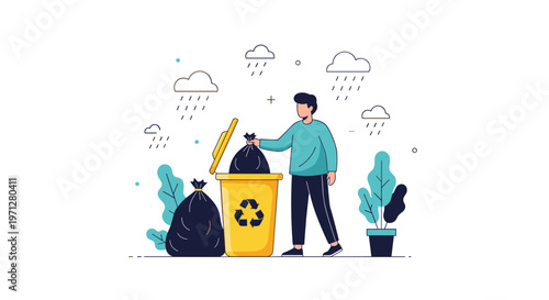 Responsible man disposing of household waste into a yellow recycling bin during a rainy day to support sustainable living and environmental protection.