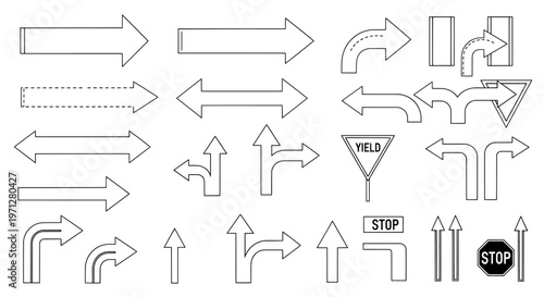 A collection of various road signs and arrows on a white background