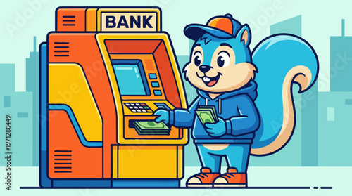 Squirrel using ATM machine outdoors.