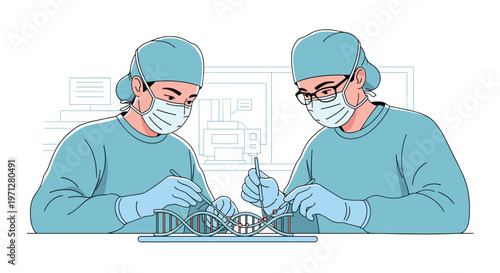 Two focused medical researchers wearing surgical masks and caps while carefully manipulating a large physical model of a DNA double helix in a lab.