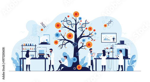 Team of dedicated scientists and researchers working in a high-tech laboratory centered around a large symbolic tree representing biological growth.